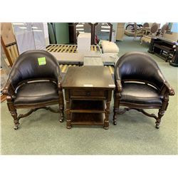 DARK WOOD WHISKEY SINGLE DRAWER END TABLE & 2 BLACK LEATHER STUDDED MOBILE OCCASIONAL CHAIRS