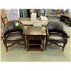 Image 1 : DARK WOOD WHISKEY SINGLE DRAWER END TABLE & 2 BLACK LEATHER STUDDED MOBILE OCCASIONAL CHAIRS