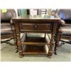Image 2 : DARK WOOD WHISKEY SINGLE DRAWER END TABLE & 2 BLACK LEATHER STUDDED MOBILE OCCASIONAL CHAIRS