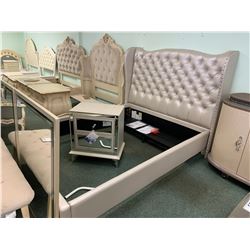 4 PCS MICHAEL ARMINI QUEEN SIZE GREY STUDDED BEDROOM SUIT INCLUDING ; HEADBOARD, FOOTBOARD,