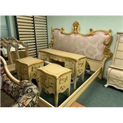 8 PCS GOLD ETCHED WOOD KINGSIZE PADDED BEDROOM SUIT  INCLUDING ; HEADBOARD, FOOTBOARD,