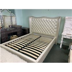 WHITE LEATHER STUDDED QUEEN SIZE BED INCLUDING ; HEADBOARD, FOOTBOARD, SIDERAILS