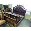 Image 1 : 7 PCS DARK WOOD & LEATHER STUDDED KING SIZE BEDROOM SUIT INCLUDING ; HEADBOARD, FOOTBOARD,