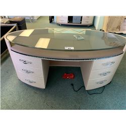 OVERTURE CRISTAL GLASS TOP 6 DRAWER VANITY WITH 4 DOOR STORAGE CREDENZA