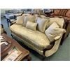 Image 1 : DARK WOOD GOLD ETCHED CURVED BACK LOVE SEAT WITH CUSHIONS