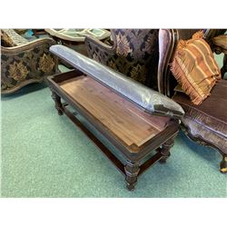 DARK WOOD & BROWN LEATHER STUDDED STORAGE BENCH