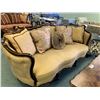 Image 1 : BEIGE FABRIC GOLD ETCHED CURVED BACK 3 SEAT SOFA WITH 2 DARK PATTERN SIDE CHAIRS WITH CUSHIONS