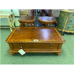 CHESTNUT SINGLE DRAWER COCKTAIL TABLE & 2 END TABLES