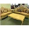 Image 1 : CREAM & SILVER ETCHED CURVED BACK 2 SEAT SOFA, LOVE SEAT WITH CUSHIONS, COCKTAIL TABLE  &