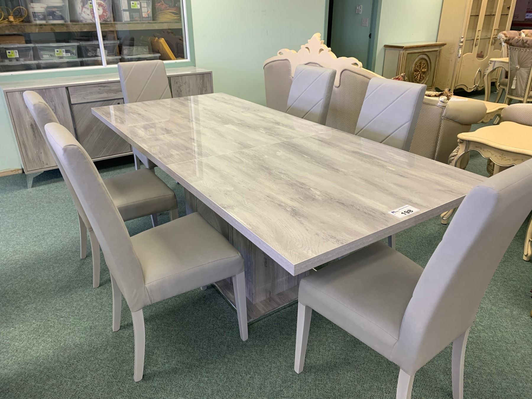 9 PCS ACCADUEO GREY MODERN DINING TABLE SET INCLUDING ; TABLE, LEAF, 6