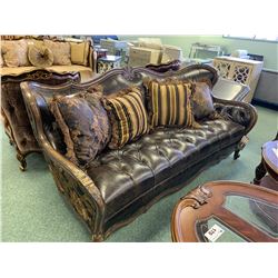 STUDDED BROWN LEATHER & WOOD CURVED BACK 3 SEAT SOFA WITH CUSHIONS