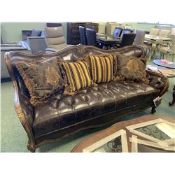 STUDDED BROWN LEATHER & WOOD CURVED BACK 3 SEAT SOFA WITH CUSHIONS