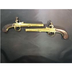 C. 1770 London Pair of Brass Framed Flintlock Boxlock Dueling Pistols with Cannon Style Barrels