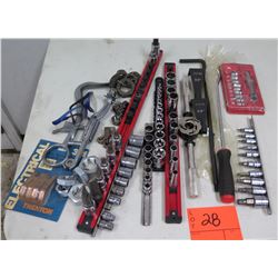 Multiple Misc Tools Ratchets, Sockets, Nuts, Piston Ring Groove Cleaner, etc