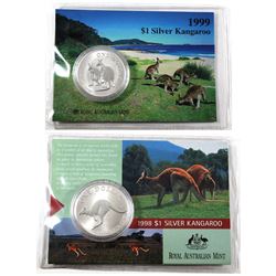 1998 & 1999 Australia $1 1oz .999 Fine Silver Kangaroos Encapsulated in Cardboard Royal Australian M