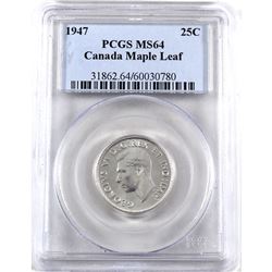 1947 Canada 25-cents Maple Leaf PCGS Certified MS-64.