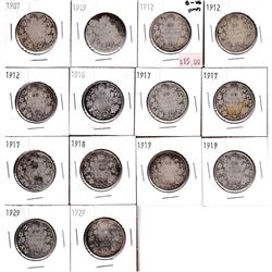 1907-1929 Canada 50-cents 1907, 1909, 3x 1912, 1916, 3x 1917, 1918, 2x 1919 & 2x 1929. 14pcs.