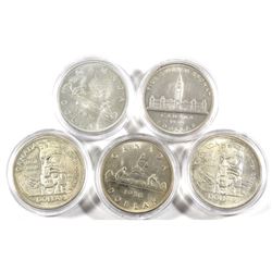 1936, 1939, 2x 1958 & 1965 Canada Silver Dollars in Capsules. 5pcs.
