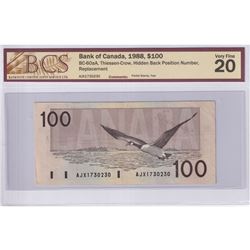 1988 $100 BC-60aA, Bank of Canada, Thiessen-Crow, Hidden Back Position Number, Replacement, S/N: AJX