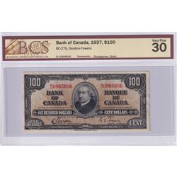 1937 $100 BC-27b, Bank of Canada, Gordon-Towers, Changeover, S/N: B/J0965606, BCS Certified VF-30 (m