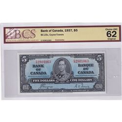 1937 $5 BC-23c, Bank of Canada, Coyne-Towers, S/N: C/S2801063, BCS Certified CUNC-62 Original.