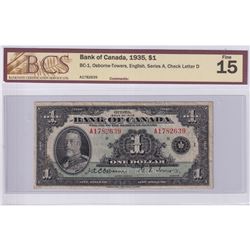 1935 $1 BC-1, Bank of Canada, Osborne-Towers, English, Series A, Check Letter D, S/N: A1782639, BCS