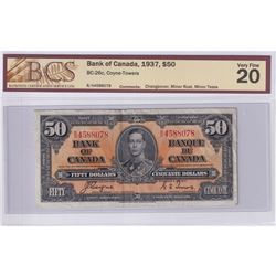 1937 $50 BC-26c, Bank of Canada, Coyne-Towers, Changeover, S/N: B/H4588078, BCS Certified VF-20 (Min