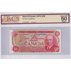 1975 $50 BC-51b, Bank of Canada, Crow-Bouey, S/N: EHH5255829, BCS Certified AU-50 Original.