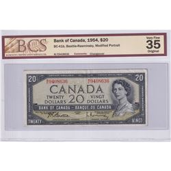 1954 $20 BC-41b, Bank of Canada, Beattie-Rasminsky, Modified Portrait, Changeover, S/N: M/E9408636, 