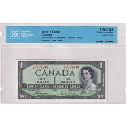 1954 $1 BC-29a, Bank of Canada, Coyne-Towers, Devil's Face, S/N: C/A8853849, CCCS Certified CUNC-63.