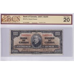 1937 $100 BC-27c, Bank of Canada, Coyne-Towers, Changeover, S/N: B/J4435880, BCS Certified VF-20 (mi