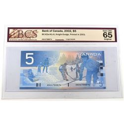 RADAR: 2002 $5 BC-62a-N1-iii, Bank of Canada, Knight Dodge, Printed in 2001, 3 Digit RADAR, S/N: ANV