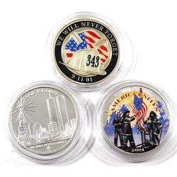 3x September 11, 2001 Commemorative 1oz .999 Fine Silver Rounds of Different Designs in Capsules. 2 