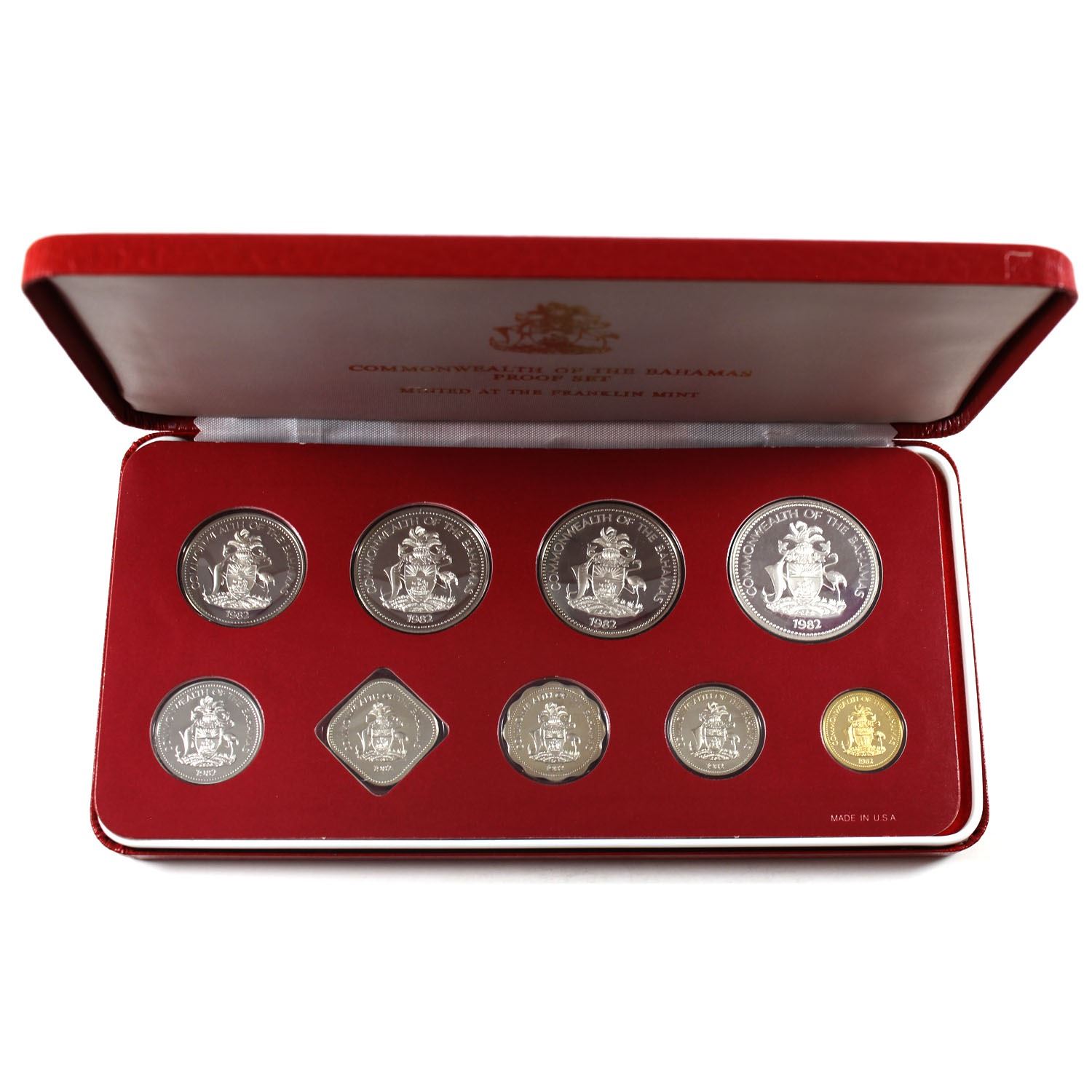 Coffret de 9 pièces UNC des Bahamas de 1974, frappé par la Franklin Mint - Collection Coffret de 9 pièces UNC des Bahamas de 1974, frappé par la Franklin Mint - Collection