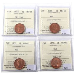 1955 SF, 1956, 1957, & 1958 Canada 1-cent ICCS Certified MS-65. 4pcs