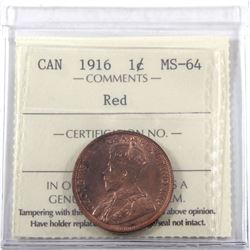 1-cent 1916 ICCS Certified MS-64 RED! Nice Cherry Red coin with consistent tones througout.
