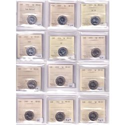 Group Lot of 12x ICCS Certified MS-63 Canada 5-cents: 1951 LR, 1952, 1953 SF NL, 1953 NSF, 1954 SF, 