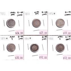 Group Lot of 6x Victorian Silver 5-cents: 1858 Sm Date, 1870 Wide Rim, 1872H, 1974H, 1882H, & 1886 S
