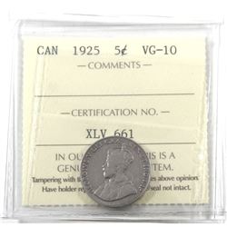 5-cent 1925 ICCS Certified VG-10. *Key Date*
