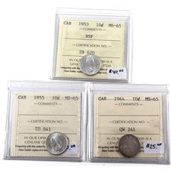 1953 NSF, 1955 & 1964 Canada Silver 10-cents ICCS Certified MS-65. 3pcs