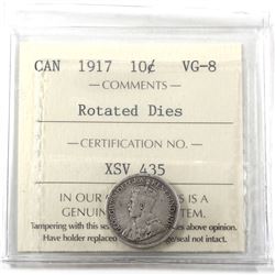 Error 10-cents 1917 Rotated Dies 315 degrees, ICCS Certified VG-8! *Rare*