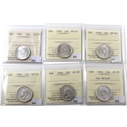 1937, 1938, 1939, 1940, 1949, & 1952 LR Canada 25-cents ICCS Certified MS-63/64. 6pcs