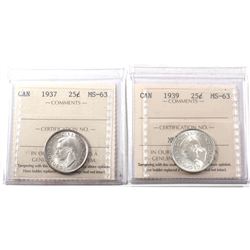 25-cents 1937 & 1939 ICCS Certified MS-63! Both coins bright lustrous coins! 2pcs