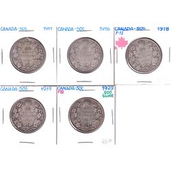 Group Lot 5x Silver George 5th 50-cents. Lot Includes: 1911, 1916, 1918, 1919, & 1920, all in VG gra