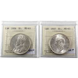 Silver $1 1936 & 1937 ICCS Certified MS-63! Blast White Brilliant coins. 2pcs