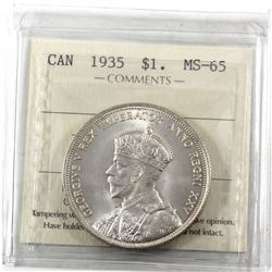 Silver $1 1935 ICCS Certified MS-65! Pristine white coin!