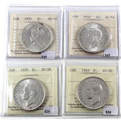 1935 AU-55, 1937 AU-55, 1939 AU-58, & 1949 AU-50 Canada Silver $1 ICCS Certified. 4pcs