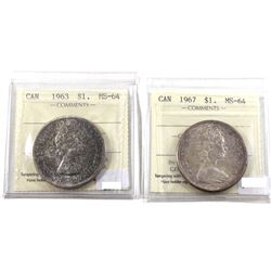 Silver $1 Lot: 1963 & 1967 Both ICCS Certified MS-64 (toned) 2pcs