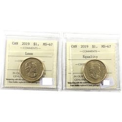 Loon $1 2019 Regular Loon & Equality Commemorative ICCS Certified MS-67! Top Grades! 2pcs