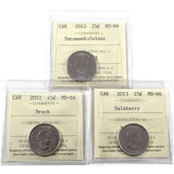 2012 Canada 25-cents Tecumseh Colour, 2012 Brock & 2013 Salaberry ICCS Certified MS-66. 3pcs